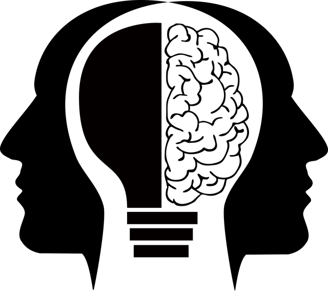 two faces facing opposite directions in th emiddle is half a light bulb and the other half of the light bulb is a brain